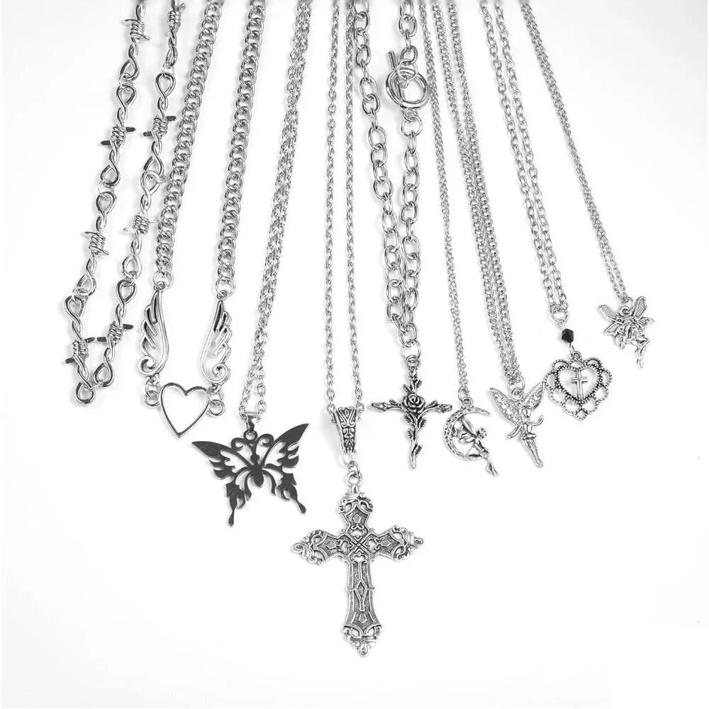 9 Pcs Gothic Necklace Set Zinc Silver Choker Pendant Vintage Dark Fashion